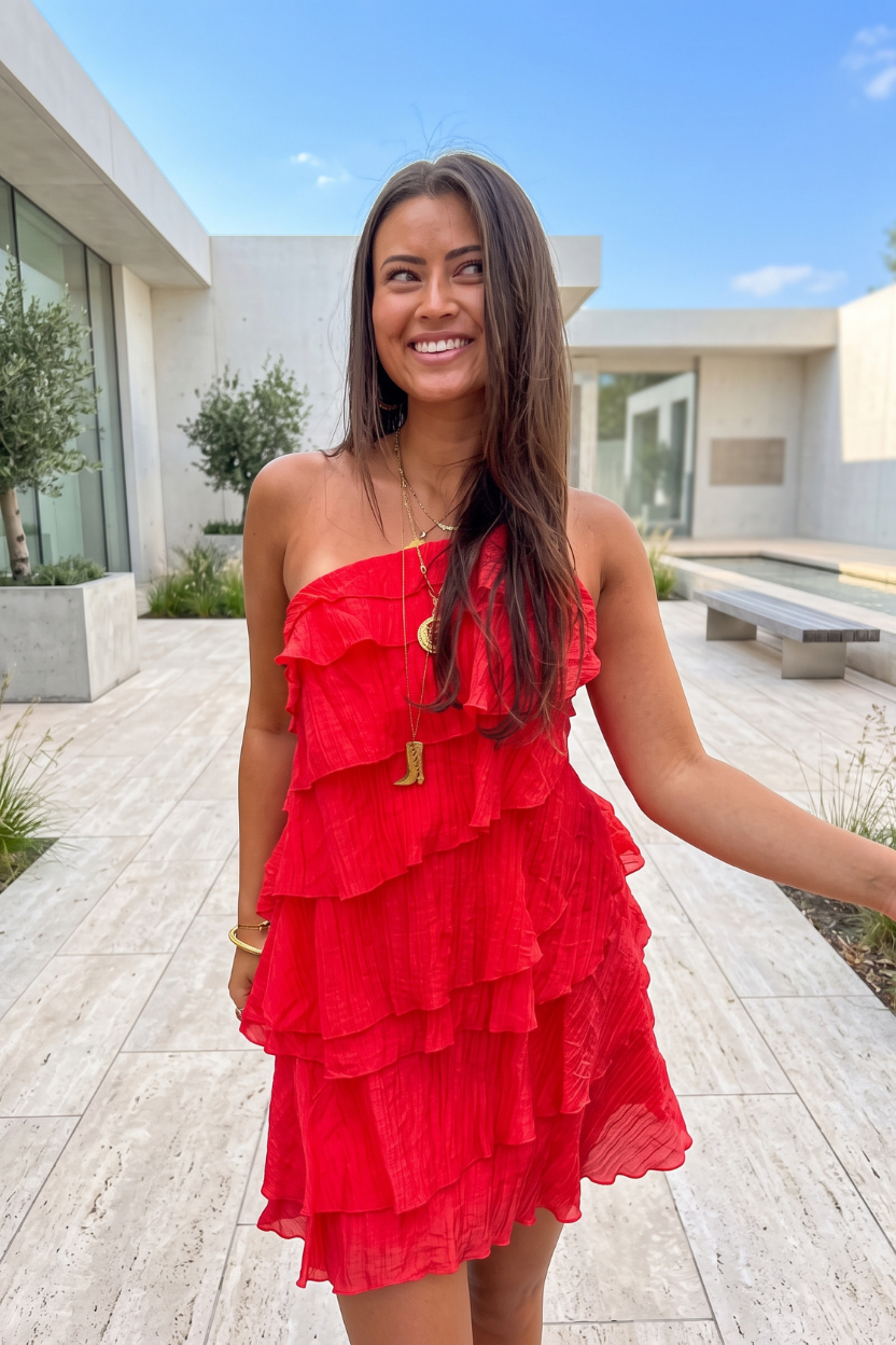 Keny's Boutique One-Shoulder Textured Mini Dress with Tiered Ruffles