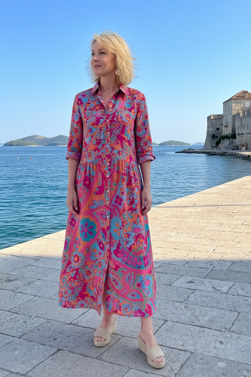 Keny's Boutique Women's Pink Paisley Midi Dress with Button Front