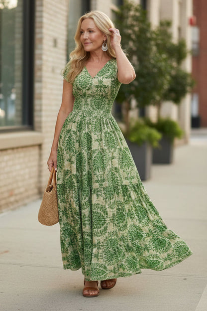 Keny's Boutique V-Neck Printed Maxi Dress with Smocked Waist