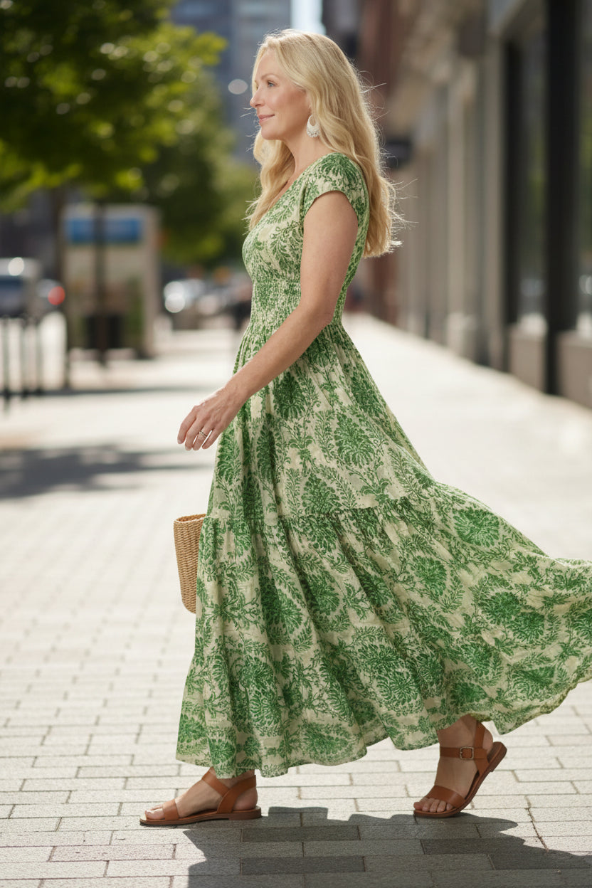 Keny's Boutique V-Neck Printed Maxi Dress with Smocked Waist