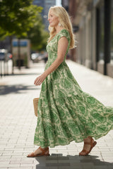 Keny's Boutique V-Neck Printed Maxi Dress with Smocked Waist
