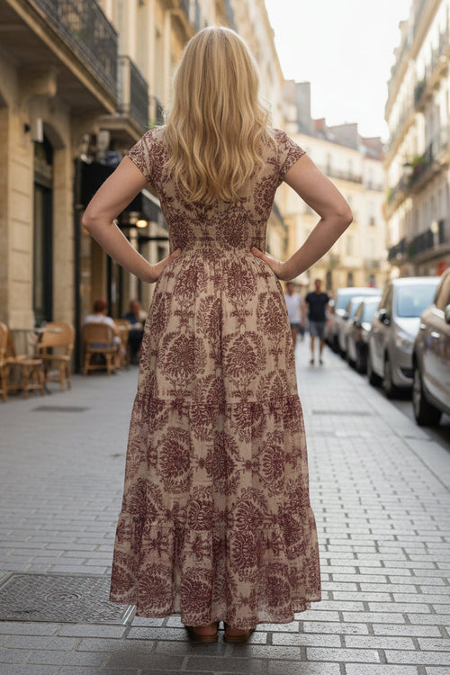 Keny's Boutique V-Neck Printed Maxi Dress with Smocked Waist