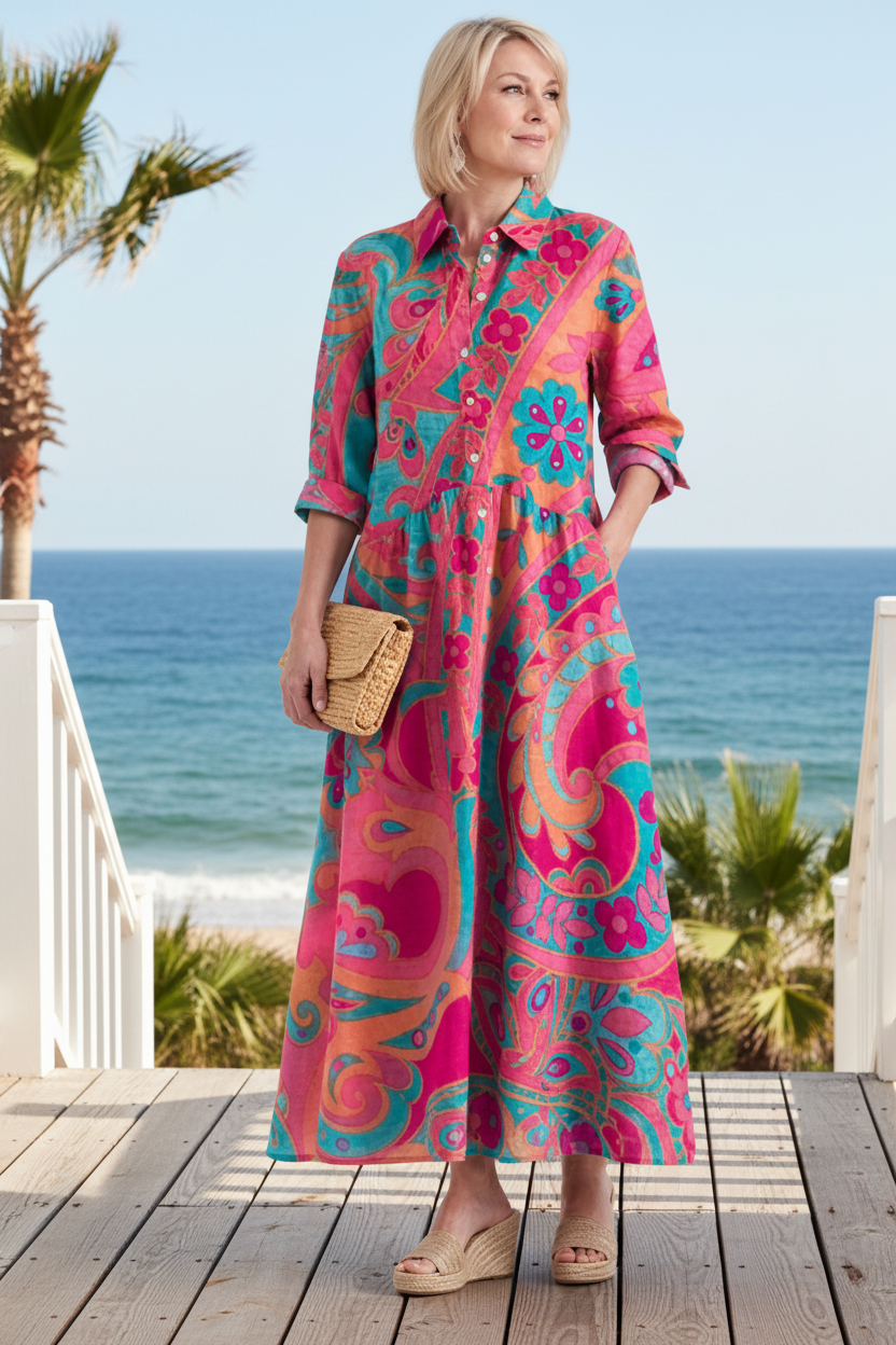 Keny's Boutique Women's Pink Paisley Midi Dress with Button Front