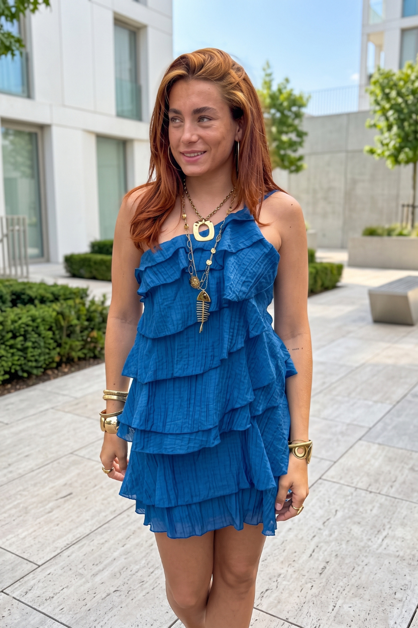 Keny's Boutique One-Shoulder Textured Mini Dress with Tiered Ruffles