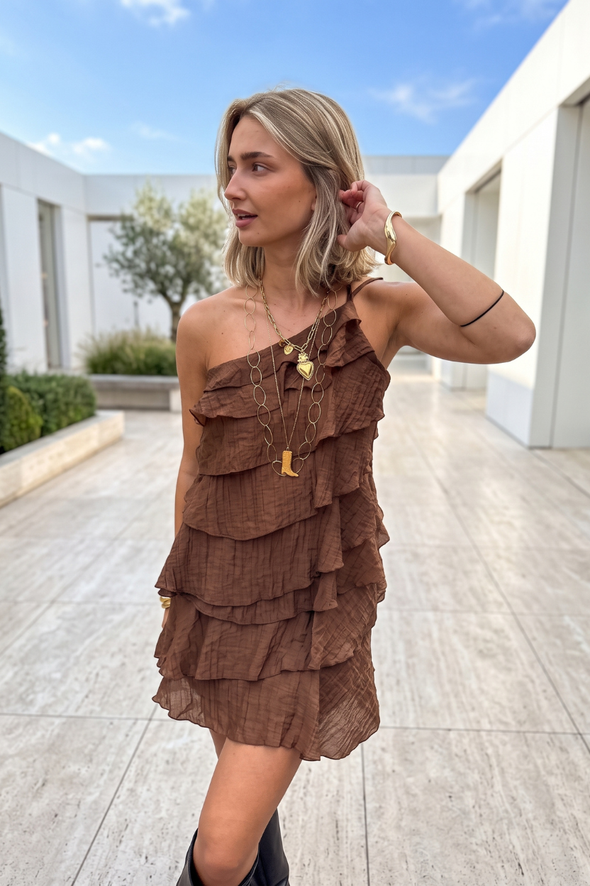 Keny's Boutique One-Shoulder Textured Mini Dress with Tiered Ruffles