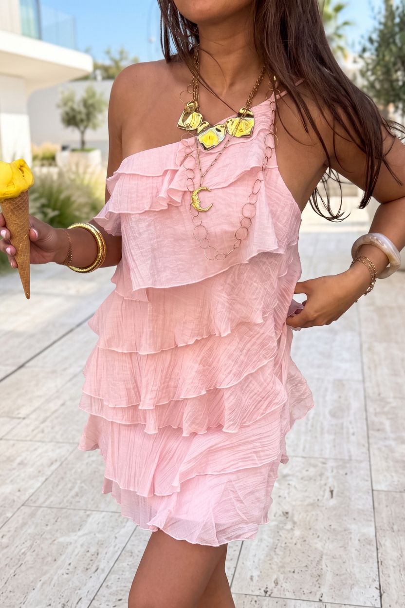 Keny's Boutique One-Shoulder Textured Mini Dress with Tiered Ruffles
