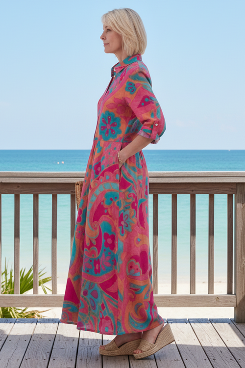 Keny's Boutique Women's Pink Paisley Midi Dress with Button Front