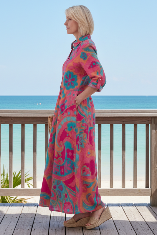 Keny's Boutique Women's Pink Paisley Midi Dress with Button Front