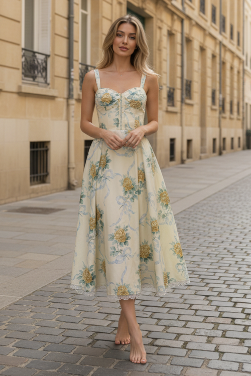 Keny's Boutique Women's Floral Midi Dress with Corset Bodice