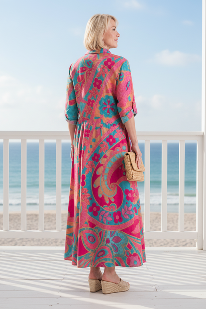 Keny's Boutique Women's Pink Paisley Midi Dress with Button Front
