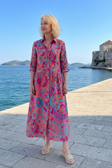 Keny's Boutique Women's Pink Paisley Midi Dress with Button Front
