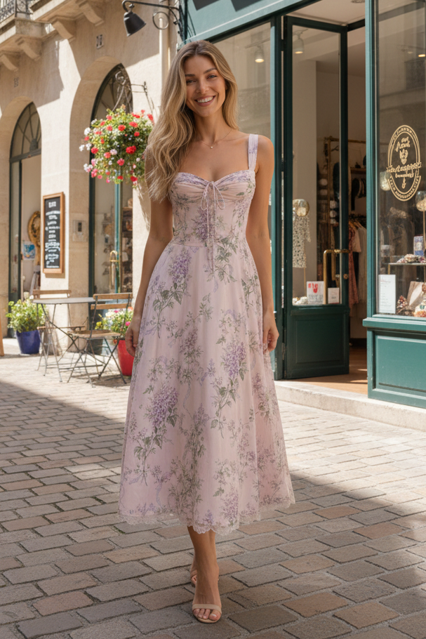 Keny's Boutique Women's Floral Midi Dress with Corset Bodice