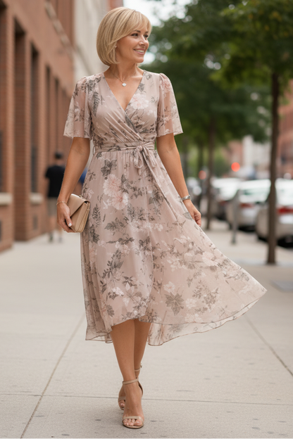 Keny's Boutique V-Neck Floral Print Wrap Midi Dress