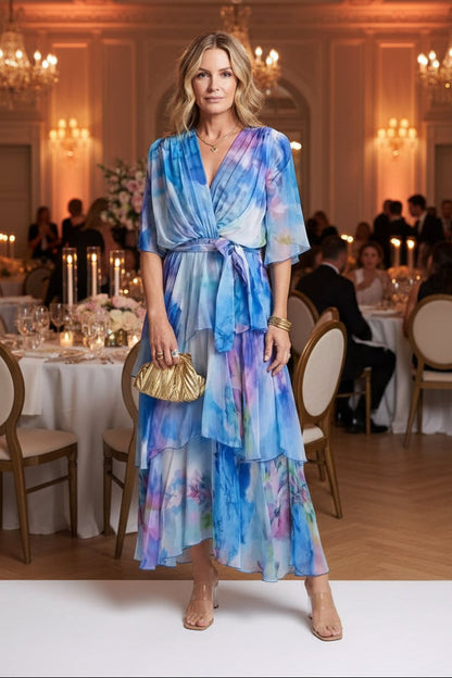 Keny's Boutique V-Neck Sheer Tie-Dye Maxi Dress with Tiered Ruffles