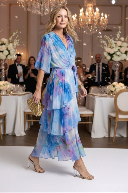 Keny's Boutique V-Neck Sheer Tie-Dye Maxi Dress with Tiered Ruffles