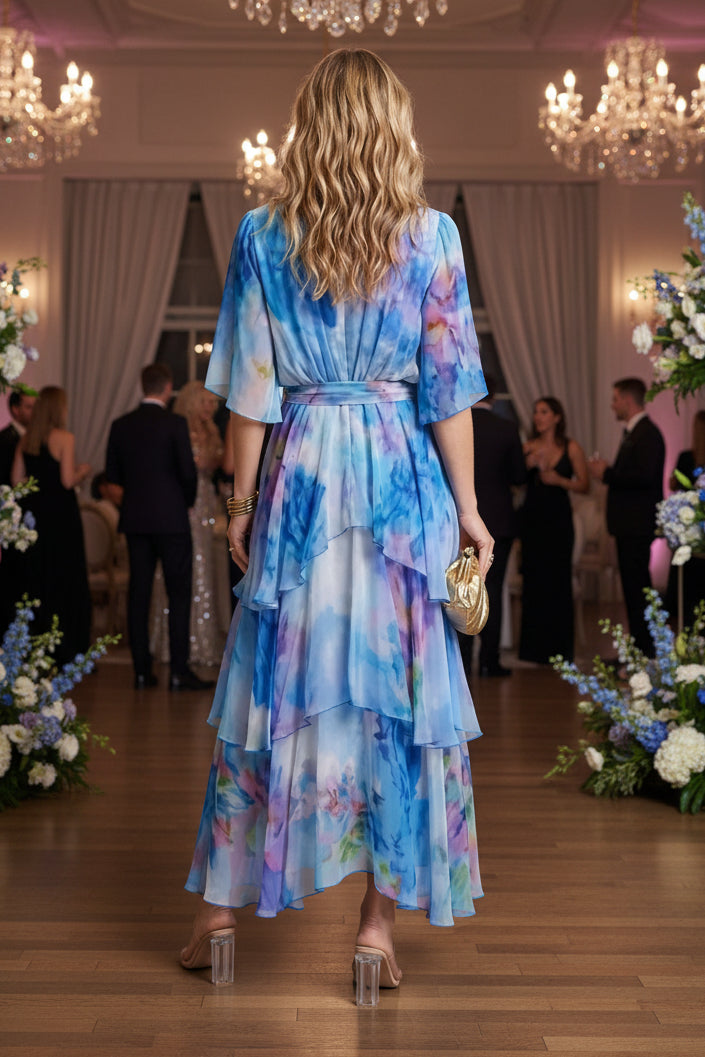 Keny's Boutique V-Neck Sheer Tie-Dye Maxi Dress with Tiered Ruffles