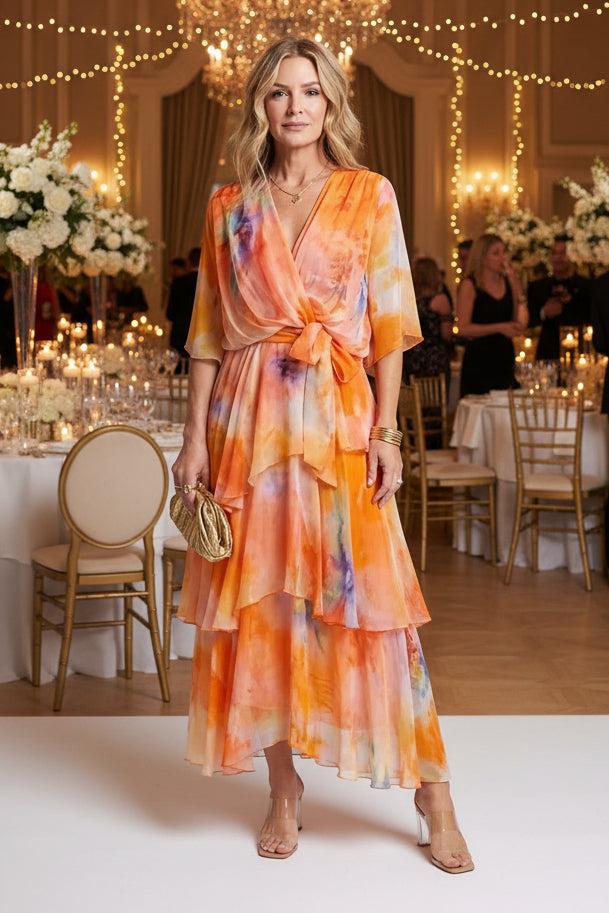 Keny's Boutique V-Neck Sheer Tie-Dye Maxi Dress with Tiered Ruffles