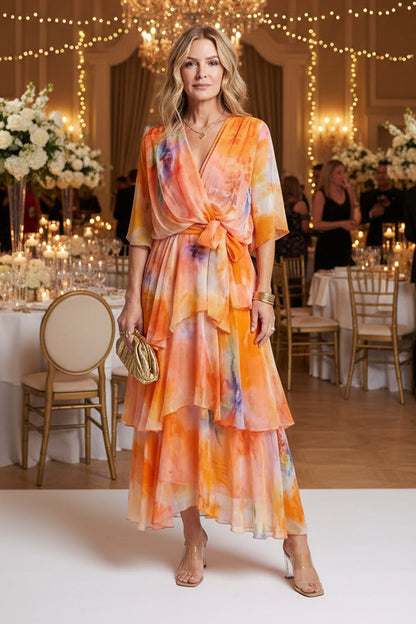 Keny's Boutique V-Neck Sheer Tie-Dye Maxi Dress with Tiered Ruffles
