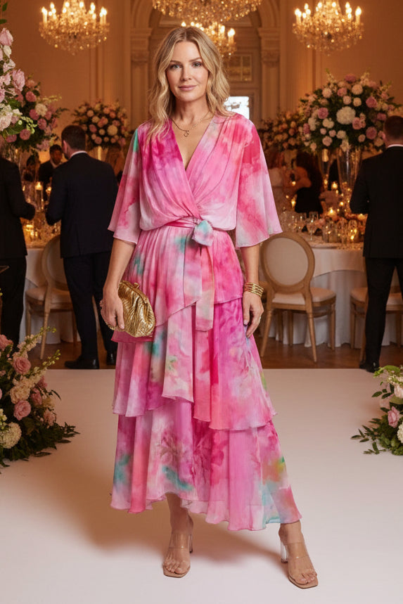 Keny's Boutique V-Neck Sheer Tie-Dye Maxi Dress with Tiered Ruffles