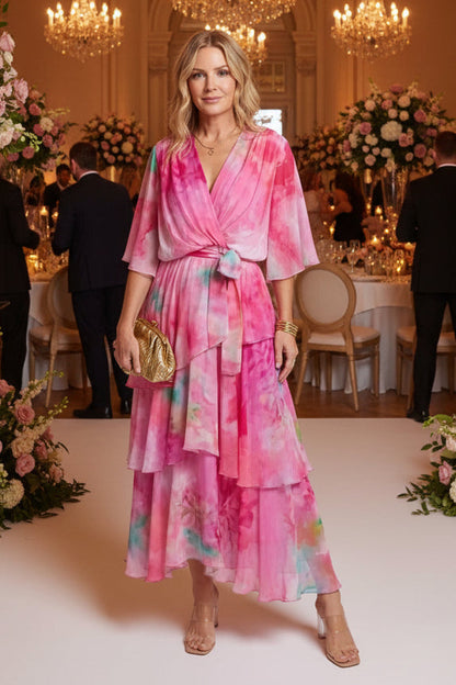 Keny's Boutique V-Neck Sheer Tie-Dye Maxi Dress with Tiered Ruffles