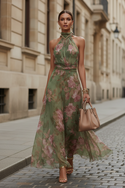Keny's Boutique Halter Floral Maxi Dress with Chain Neckline